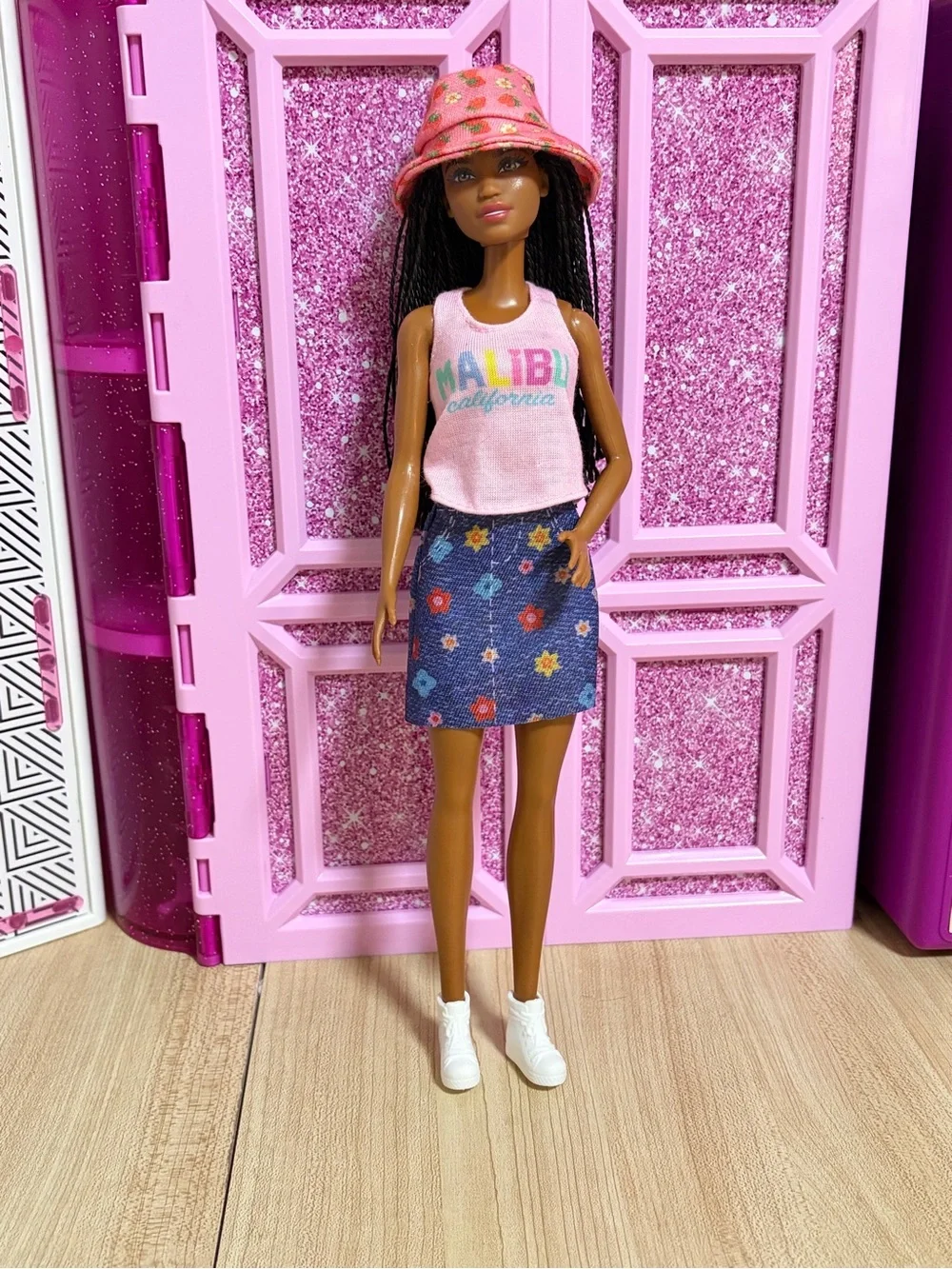 Barbie Pink Malibu Tank & Denim Floral Skirt Outfit